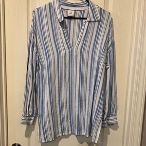 CAbi Blue and White Striped V-Neck Blouse